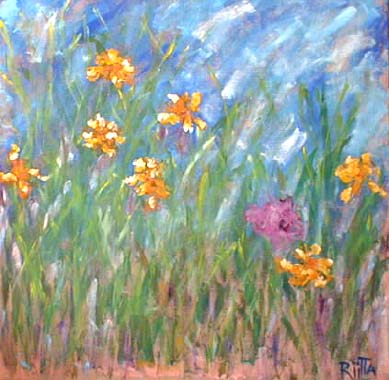 Titel: Purple iris yellow on blue, Kunstenaar: Kauppinen, Riitta